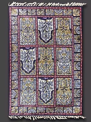White & Blue Mughal Motifs Chainstitch Asana Carpet from Kashmir and Tassels