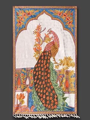 Bright-White Chainstitched Peacock Wall Hanging from Kashmir