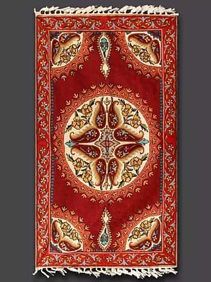 Brick-Red Paisley Chain Stitched Silk Asana Carpet from Kashmir