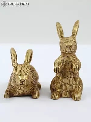 3" Small Pair of Cute Rabbits Brass Figurines