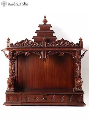 36" Large Wood Carved Designer Temple with Drawer | Wall Hanging