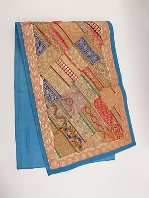 Patchwork Dining Table Runner from Gujarat with Zari and Sequins Embroidered Floral Motifs