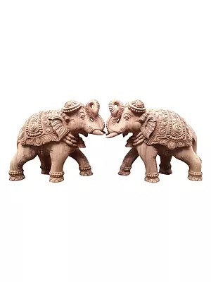 12" Wood Large Sculpture Of Royal Elephants - Pair