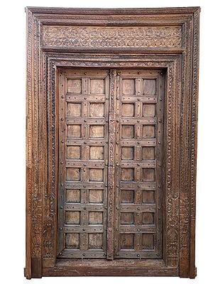 104" Large Wood Carved Door with Square Design and Floral Border