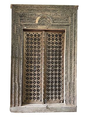 105" Large Antique Wood Door with Attractive Carving