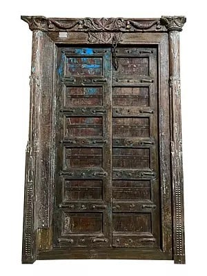 84" Large Indian Handmade Wood Door With Iron Latch