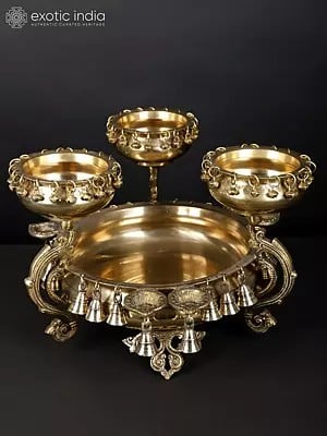 19" Four in One Large Size Designer Brass Urli with Bells and Diyas