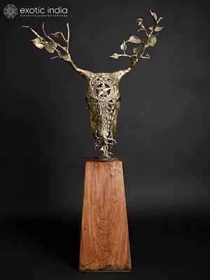 43" Brass Bull Head with Leaves on Wood Base | Cast from Actual Bull Head