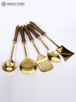 14" Brass Coocking Utensils Set with Wooden Handle | Set of Five