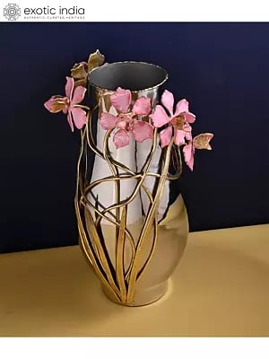 14" Flower Vase With Beautiful Design In Stainless Steel And Brass