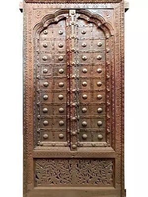 70" Large Jharokha Style Wood Window Panel With Metal Artwork