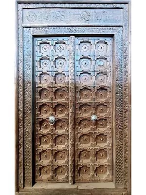 95" Large Iron Detail Wood Double Door From Rajasthan