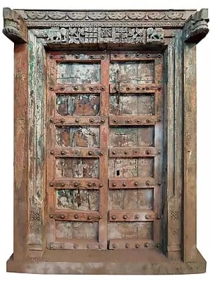 80" Large Handcraved Indian Wood Temple Double Door