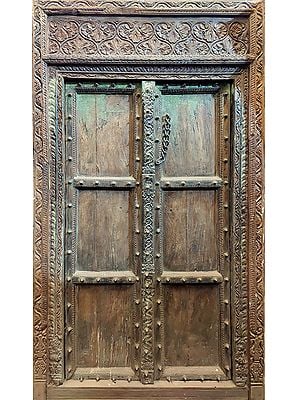 89" Large Handmade Traditional Wood Door With Flower Pattern On Upper And Border Side