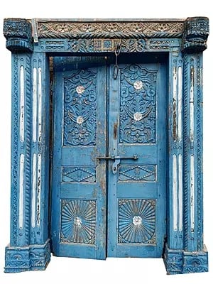 82" Large Traditional Village Wood Door And Flower Pattern On Upper Wood Plate With Big Frame