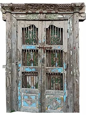 87" Large Traditional Village Wood Door With Iron Rod Mesh In Flap