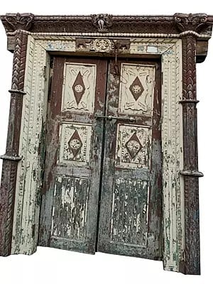 82" Large Wood Door And Elephant Design In Center Top With Frame