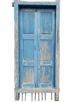 77" Large Old Blue Wood Door With Frame