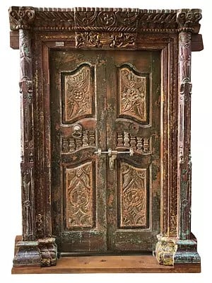 84" Large Indian Traditional Wood Door And Flower Design In Flap Upper Side With Frame