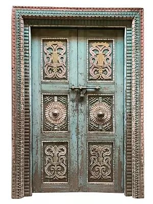 81" Large Old Designer Pattern Wood Door With Frame