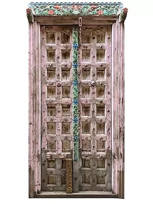 95" Large Traditional Wood Door With Parrot Design Upper Side In Frame