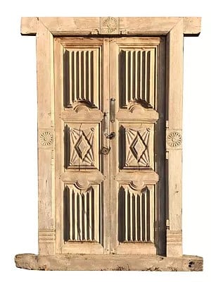 82" Large Old Traditional Wood Door And Ashoka Chakra In Frame