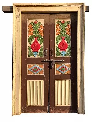 78" Large Flower Pot Pattern In Wood Door With Frame