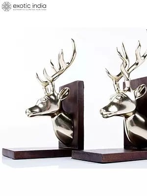 11" Deer Head Decorative Bookends - Set of 2 | Aluminum and Wood