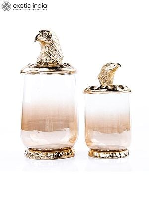 13" Glass Jar With Aluminum Eagle Head Lid On The Top - Set Of 2