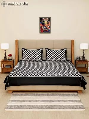 Black and White Ikat Checks Pure Cotton Queen Size Bedspread from Puchampally with Pillow Cases