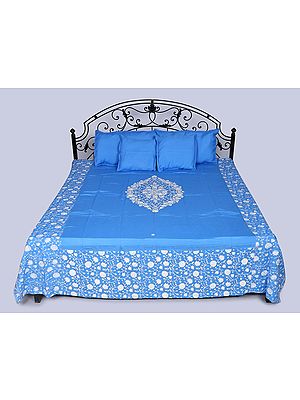 Five Piece Pure Cotton Aari Embroidered Queen Size Bedspread with Pillow Cases and Cushion Covers