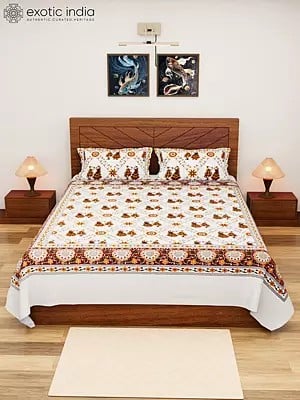 Snow-White Pure Cotton Full Size Bedspread with Printed Dandiya Folk Dance Printed and Two Pillow Cases