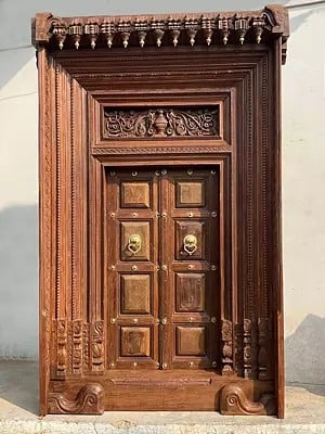 107" Large Rajasthani Traditional Wood Door And Flower Pot Design Upper Side With Frame