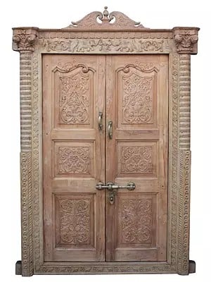 80" Large Flower Carving Wood Door And Elephant Design In Upper Side