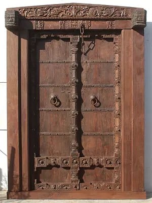 95" Large Traditional Wood Door With Iron Strip And Flower Design