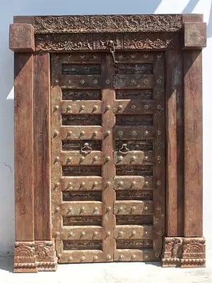 85" Large Haveli Wood Door And Iron Strip Door Panel
