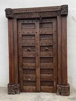 81" Large Carving Design Upper Side Wood Door With Frame