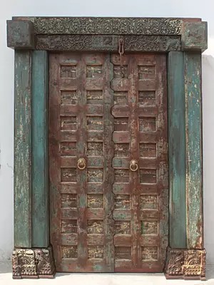 84" Large Traditional Village Old Wood Door With Iron Nails And Strip In Door Panels
