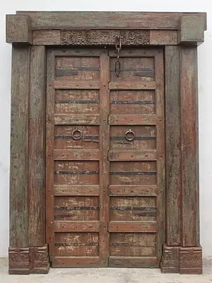 84" Large Traditional Wood Door With Iron Strip And Knock