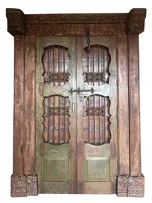 82" Large Entrance Wood Door With Iron Rod In Panel And Iron Knock