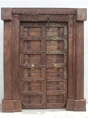 86" Large Wood Door And Carving Design In Upper Frame