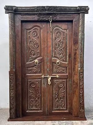83" Large Wood Door And Carving Design In Panels And Frame Border