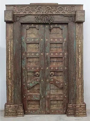 89" Large Old Wood Door With Iron Flower In Panel