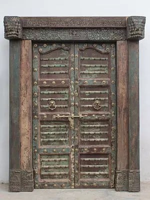 85" Large Traditional Entrance Carving Design Upper Border Wood Door With Iron Flower And Knock