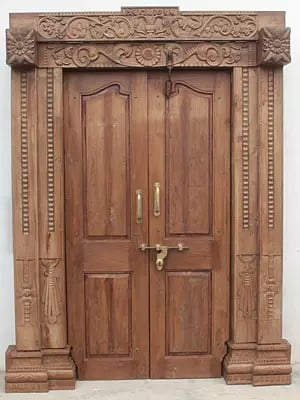 88" Large Frame Flower Carving Top Head And Simple Old Wood Door