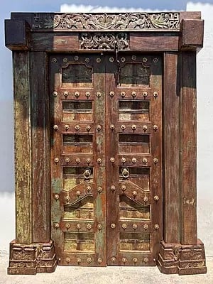 87" Large Traditional Upper Side Carving Wood Door With Iron Small Flower In Panel And Iron Knock