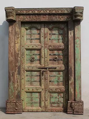 84" Large Antique Wood Door Iron Strip Panel