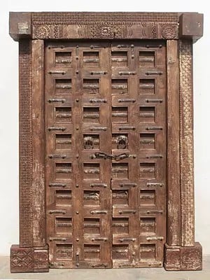 85" Large Rajasthani Traditional Wood Door With Carving Frame And Iron Strip Panel