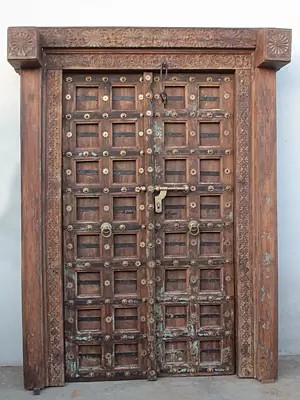 86" Large Rajasthani Traditional Iron Striped In Panel Wood Door