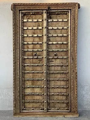 72" Large Wood Door With Carving Frame And Iron Knock